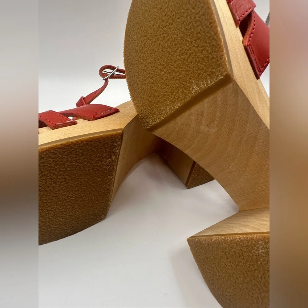 Swedish Hasbeens Red Leather Wooden Platform Sandals T-Strap Chunky Block Heel - Picture 11 of 16